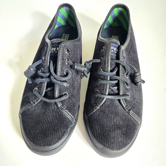 Sperry Shoes - Sperry top sider black corduroy leather laces like new sz 8
